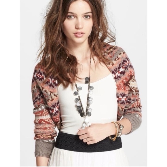 Free People Carnival Taupe Combo Fair Isle  Boho Shrug Cardigan Sweater Size XS - Picture 1 of 13